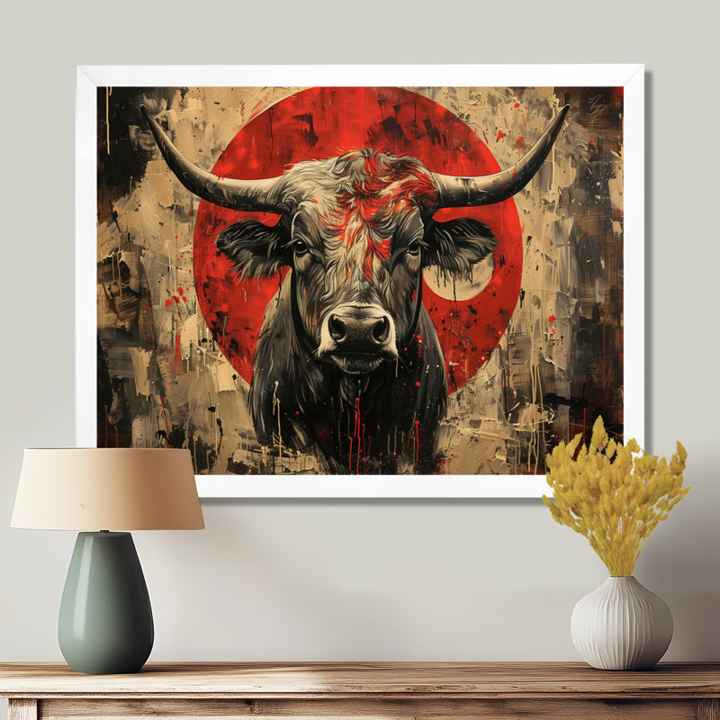 Taureau rouge, astrologie, taureaux courages - bovins, art mural, Cadre flottant noir, H 34 po x l 44 po