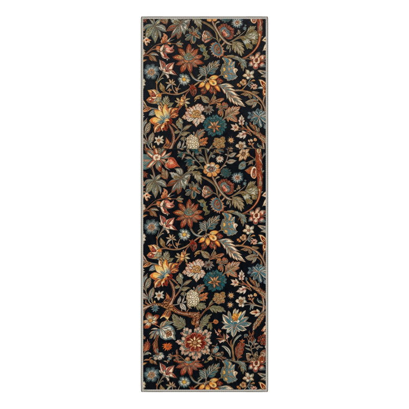 Aazad Floral Machine Washable Black / Green Indoor Area Rug with Non-Slip Backing, Runner 2'6" x 8'