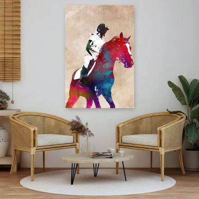 Aquarelle, cheval, cavalier, art mural contemporain