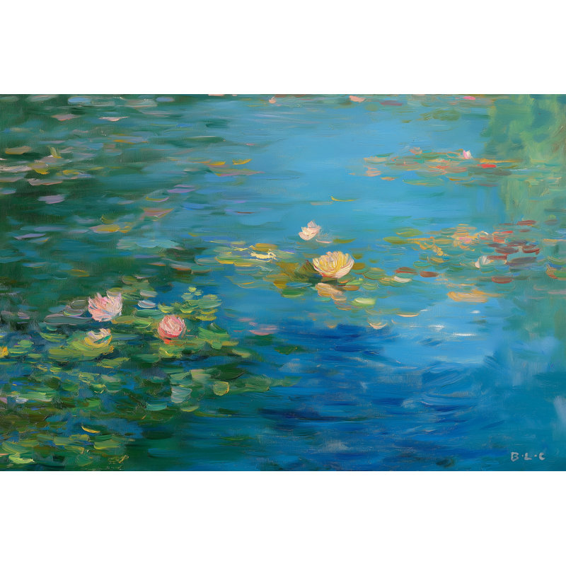 «Serene Blue Water Lily Pond», reproduction d'art sur toile tendue, H 24 po x l 36 po x P 1,5 po