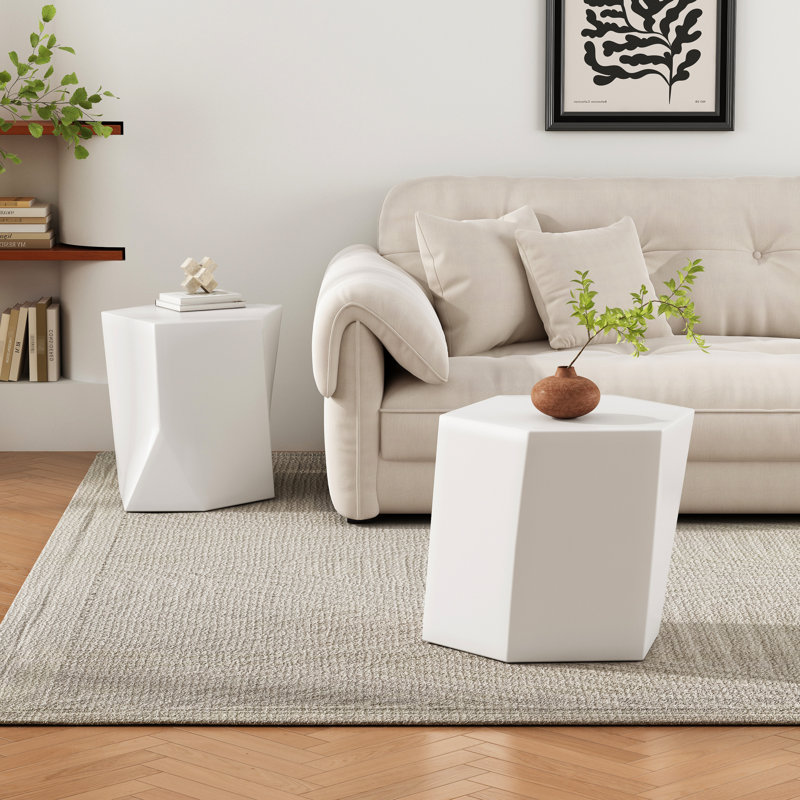 Table basse géométrique, de style moderne, facile à nettoyer et à déplacer, idéale pour les petits espaces, blanche, usage intérieur/extérieur.
