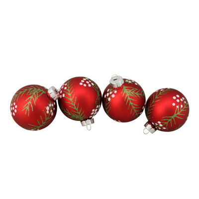 Matte Red with Pine Needles Glass Christmas Ball Ornament