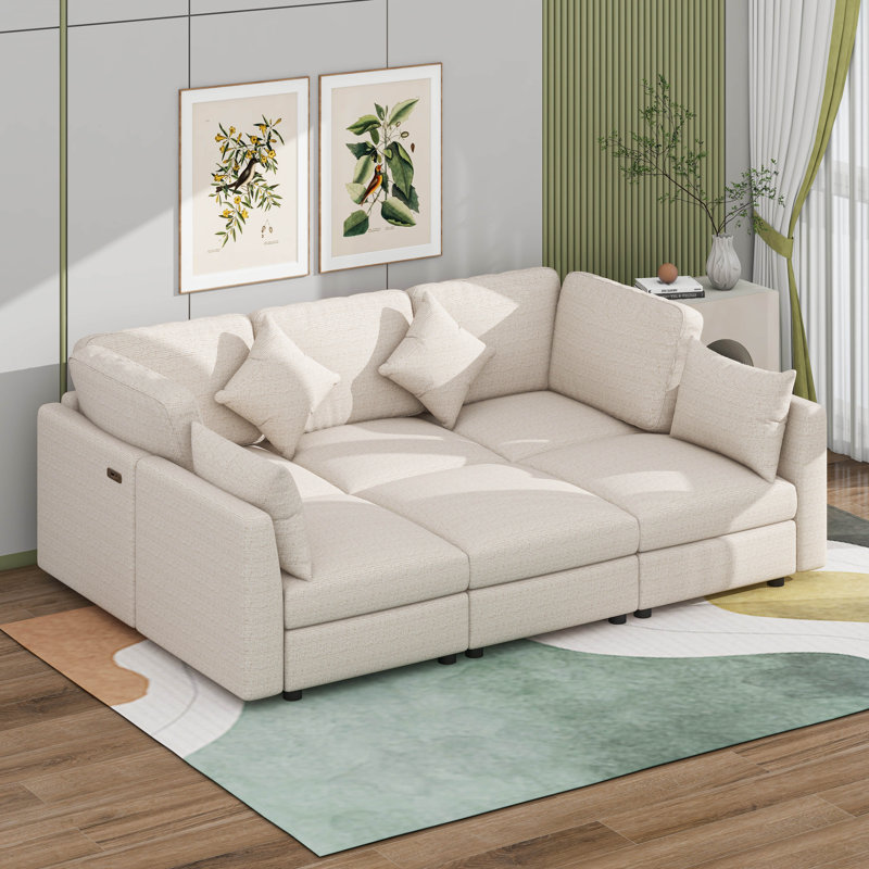 Sectional Modular Sofa,U-Shaped L-Shaped Couch With Movable Ottoman And 2 USB Ports, Beige