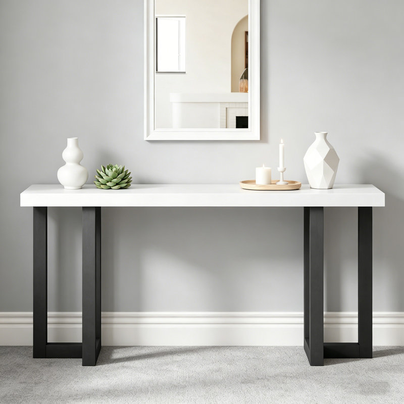Geometric Console Table With Solid Pine Legs For Entryway & Bedroom, White/Gray