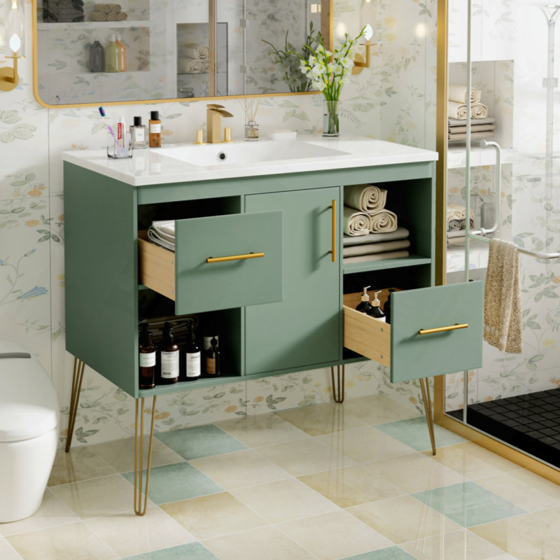 36'' Green MDF Freestanding Bathroom Vanity with Resin Sink
