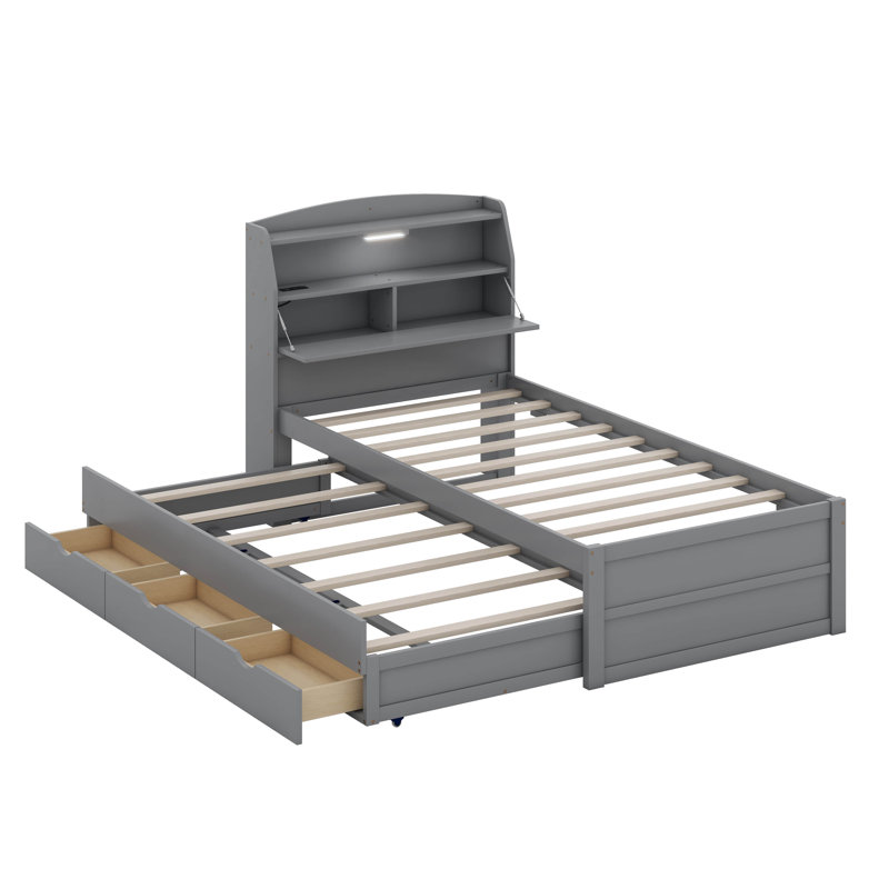 Base de lit plateforme simple avec tête de lit avec rangement à DEL, lit gigogne et tiroirs, Gris