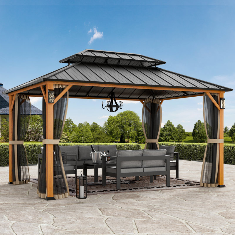 Horizon 10' x 12' Hard Top Gazebo With Solar Self Powered LED Lights, Mosquito Netting and Canopy Hook, Brown