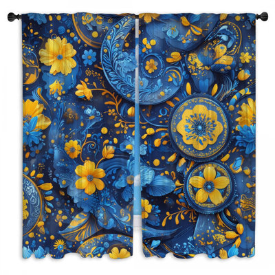 Blue  Floral Motif Window Curtains Floral Sheer & Room Darkening - 2 Panels