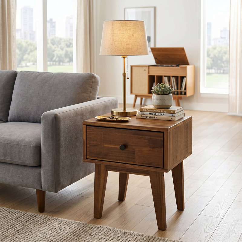 Table de chevet en bois massif avec tiroir de rangement Acacia Sofia, Chocolat