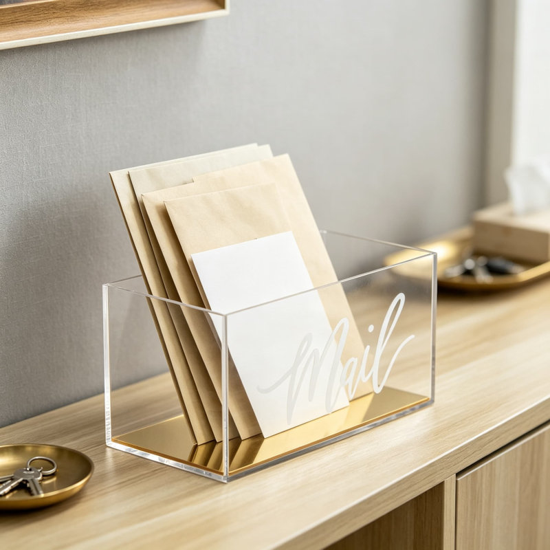 Boîte de rangement de table en acrylique transparent avec motif de lettres et base miroir doré