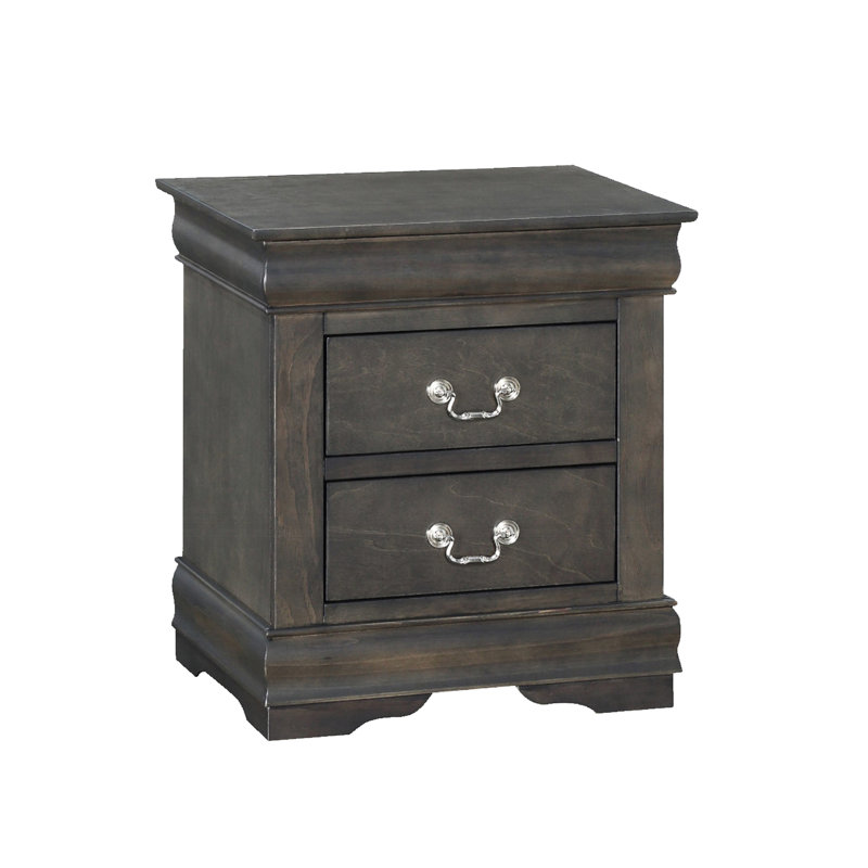 Table de chevet en pin massif 2 gris foncé pour chambre à coucher, avec ornements en métal gris, 2 tiroirs et quincaillerie pour chambre à coucher