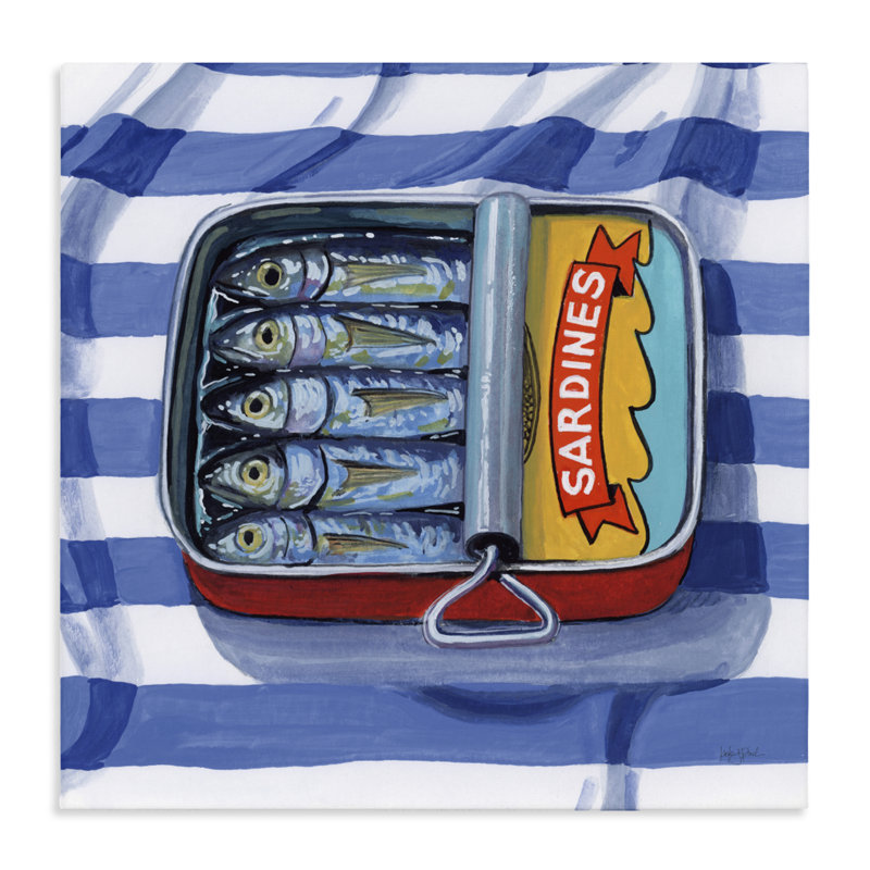 Sardines sur toile rayée, design par Kate Jarvik Birch, H 17 po x l 17 po