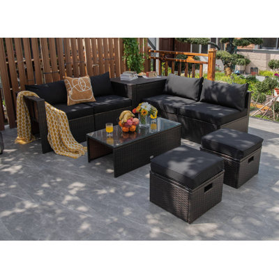 Ebern Designs 8pcs Patio Rattan Furniture Set Space-saving Storage Cushion Black