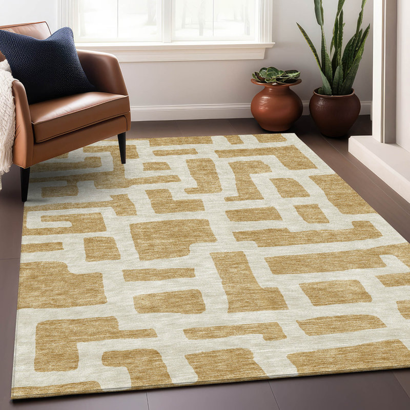 Tapis doré Prisco lavable à la machine de qualité supérieure, Rectangulaire 3 pi x 5 pi