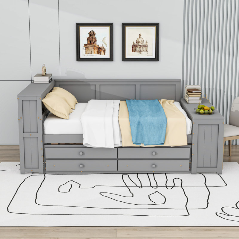 Full Size Daybed with Storage Drawers, LED Light, Charging Station and Desk, Gray