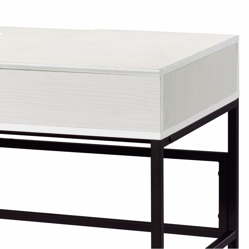 Bureau d'écriture avec port USB et 1 tiroir de rangement, bureau rectangulaire avec base en métal, Naturel