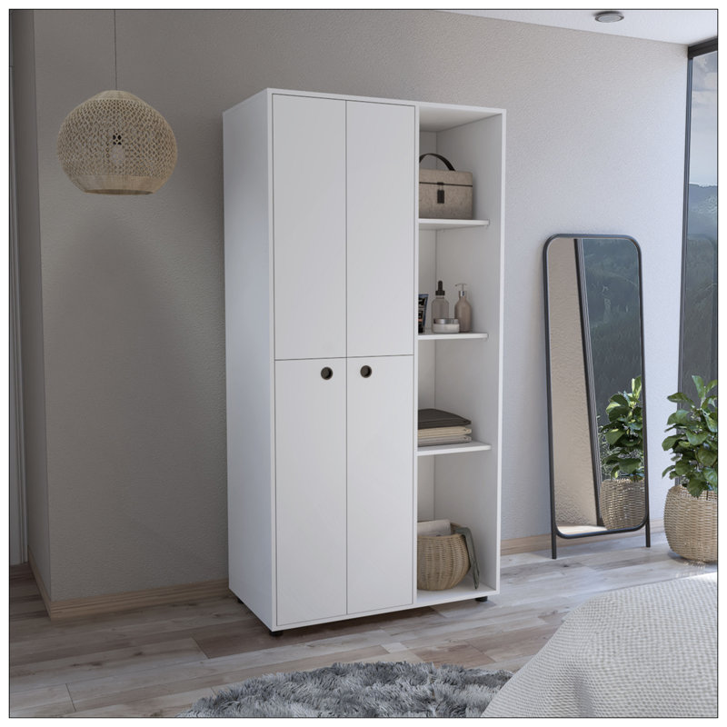 Armoire-penderie Misuri avec porte double, tiroir, tringle et tablettes ouvertes, Blanc