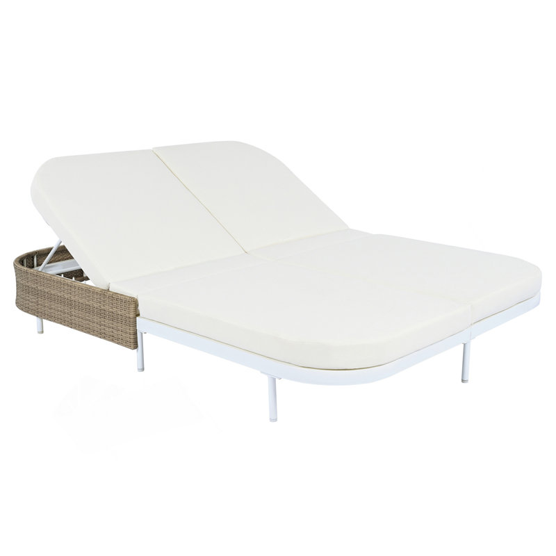 Outdoor Daybed, Patio Rattan Daybed With 5-Position Adjustable Backrest And Removable Cushions&Pillows, Iron Frame Outdoor Bed Loveseat For Garden, Backyard, Poolside ( Frame+ Beige Cushion)
