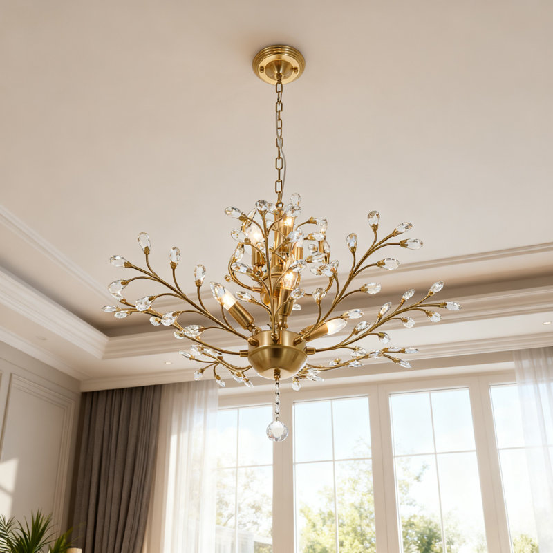 Gold Antique Bronze 7-light Branch Leaf Floral Crystal Chandelier - Adjustable Length / E12 Base / Wall Switch