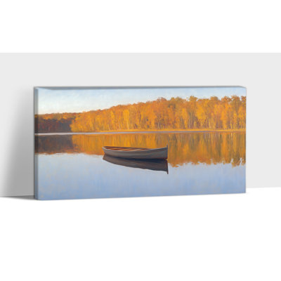 Grand paysage d'automne, art mural sur toile - Lac d'automne avec bateau, décoration murale, peintures d'automne rétro pour mur, œuvre d'art d'automne, art sur toile tendue avec cadre en pin, 30 po x 60 po