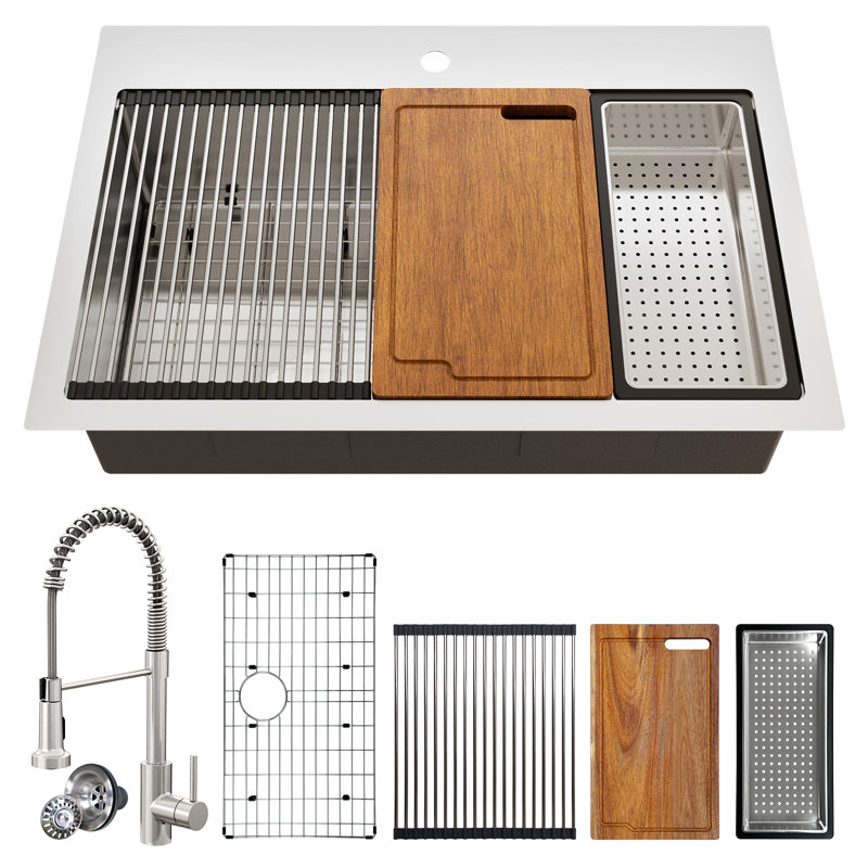 33 po Évier de cuisine à cuve simple à montage sur plan / encastrable, en acier inoxydable de calibre 18, poste de travail tout-en-un fait à la main avec robinet