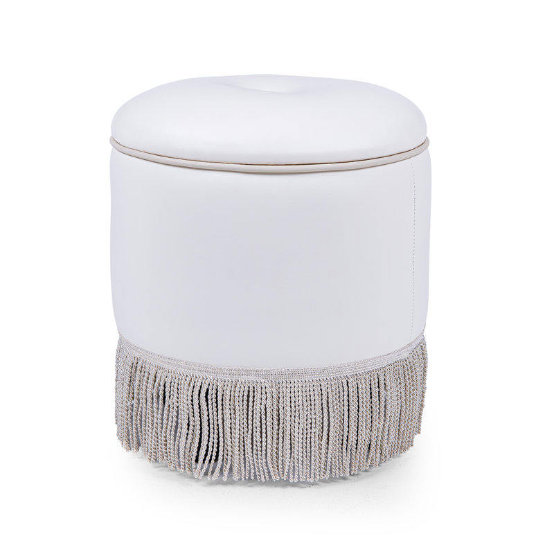 Fully Assembled Round Faux Leather Ottoman with Tassel Fringe, White PU Faux Leather