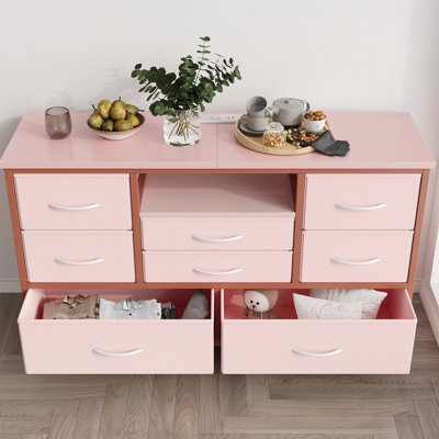 Meuble télé 8 tiroirs à DEL avec prise de courant intégrée, console multimédia en bois à 22 modes d'éclairage RVB pour téléviseur de 55 po, grand coffre de rangement pour le salon de la chambre à coucher