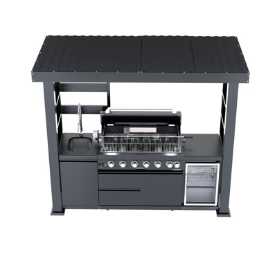 Barbecue pour îlot de cuisine extérieur de 94 pouces avec 6 brûleurs, 85000, refroidisseur à vin et rangement. Brûleur arrière infrarouge, grille de réchauffement, plateau à graisse facile à nettoyer. Brûleur à barbecue en acier inoxydable de qualité marine