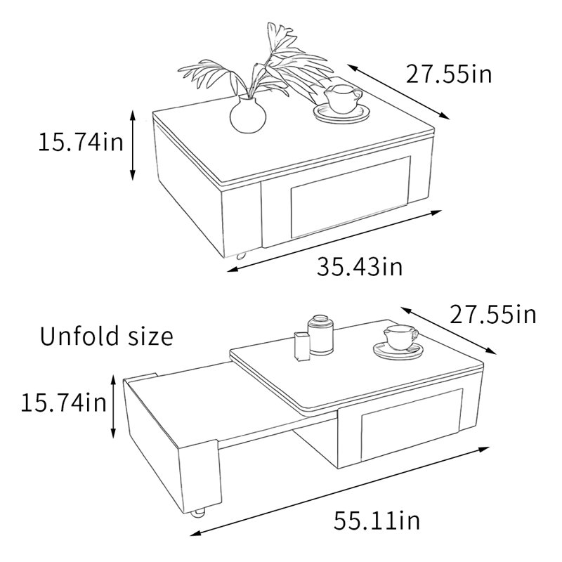Table basse extensible cachée avec roulettes silencieuses, H 15,74 po x L 35,43 po x l 27,55 po, Noir / Beige