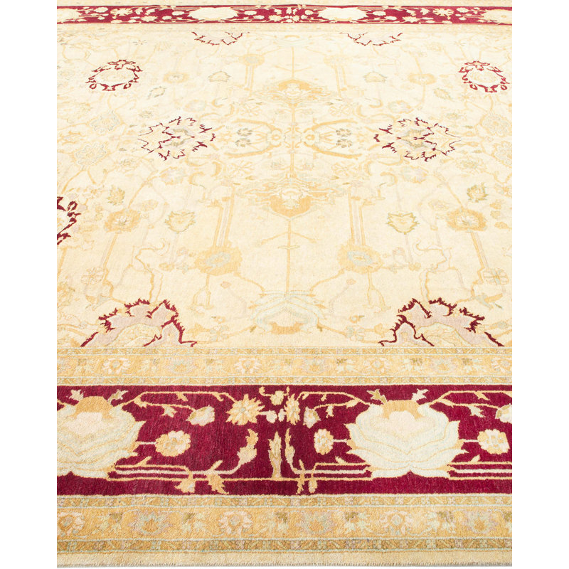 Tapis unique en laine noué à la main ivoire / rouge nouvel âge 8 pi 2 po x 10 pi 2 po Keenan