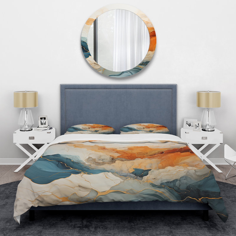 Ensemble de housse de couette Abstract Orange and Blue River Ink - Abstract Marble