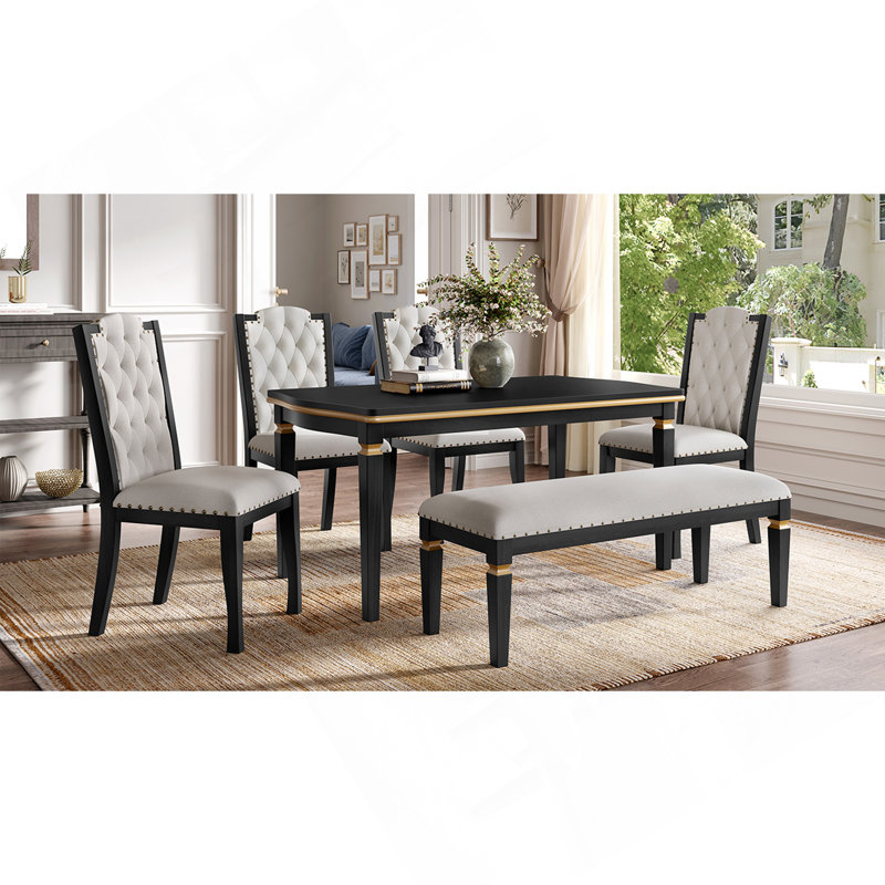 Ensemble de table de salle à manger 6 pièces, table rectangulaire de 60 po, 4 chaises capitonnées à dossier haut et 1 banc pour la salle à manger et la cuisine (noir) (ANCIEN SKU: N752S000080)