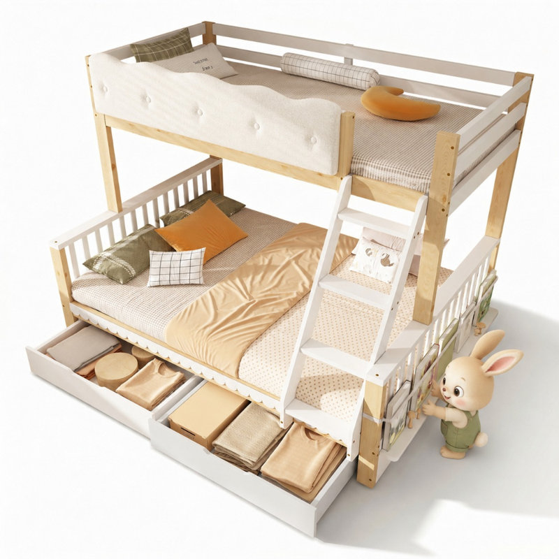 Single-over-Double Kids Bunk Bed with Drawers and Bookshelf