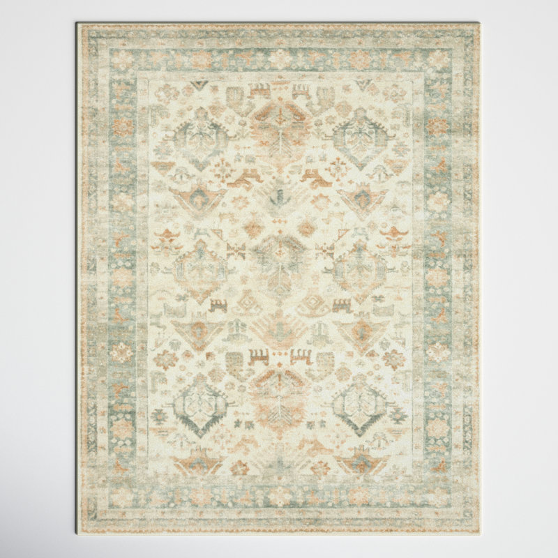 Oriental Beige/Brown/Dark Green Area Rug, Square 1'6"