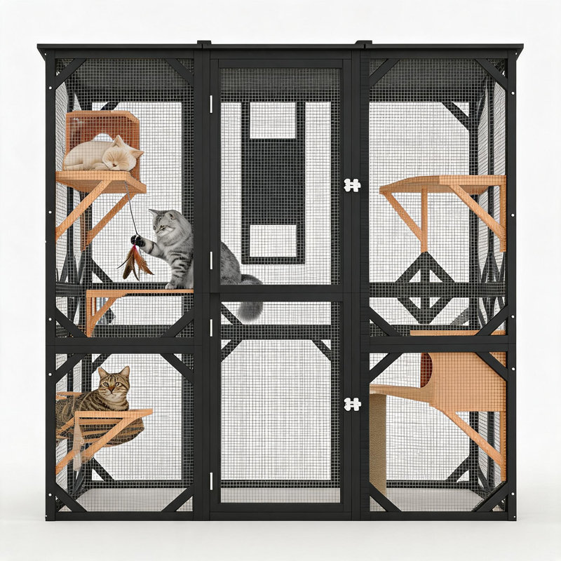Enclos extérieur extra large de 178 cm avec fenêtre d'accès, comprenant 4 plateformes, 2 niches pour plusieurs chats et compatible avec le tunnel pour chat noir.