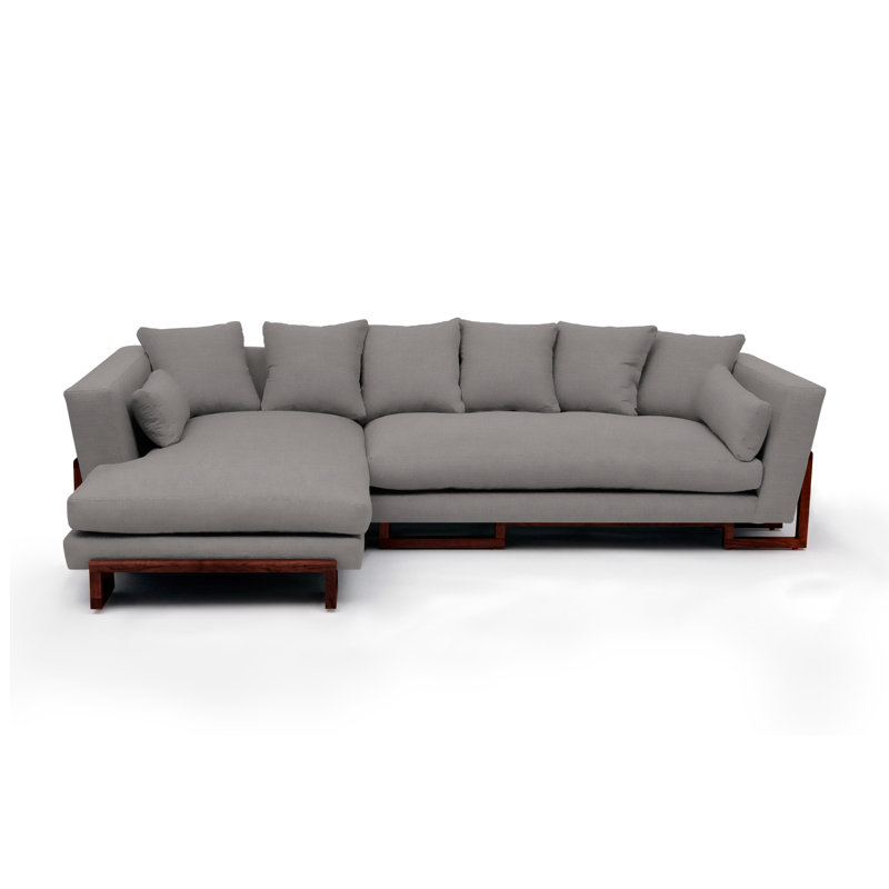 LRG Upholstered L-Shaped Sectional Left Hand Facing, Zinc Linen Blend, Back Side Tray, Solid Walnut