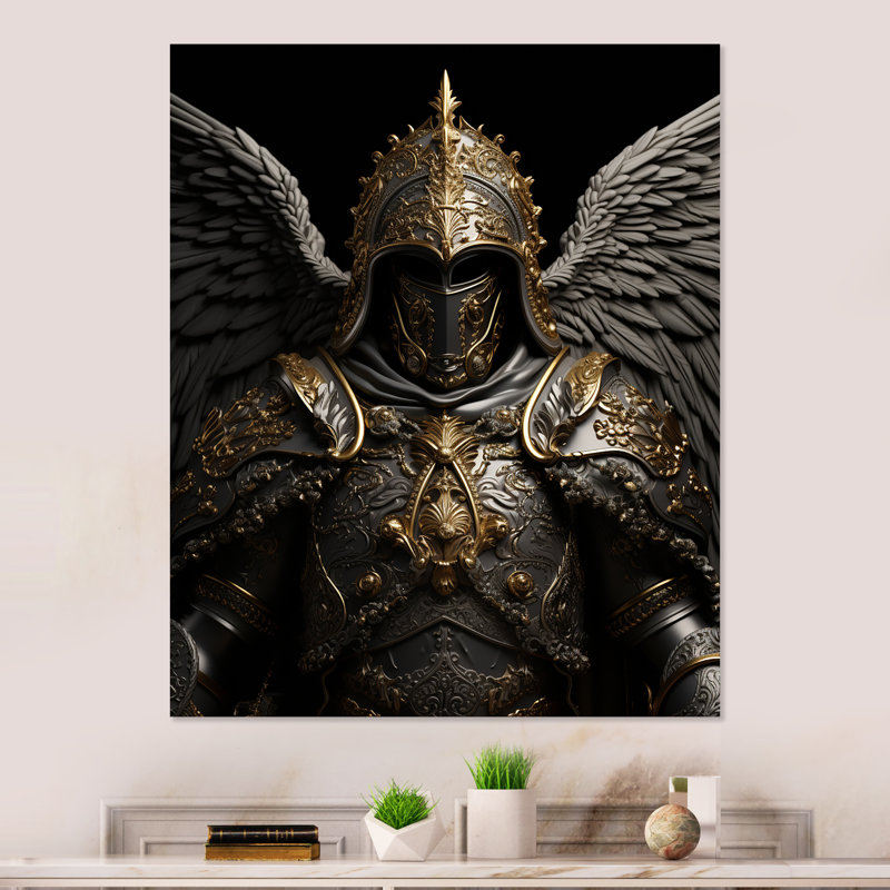 «Black Golden Winged Knight», art mural fantastique en métal, H 32 po x l 16 po x P 1 po