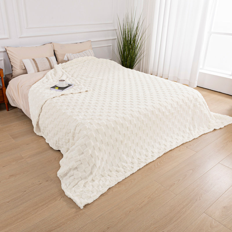 Jeté en molleton doux et confortable 400 g / m² pour canapé, salon et chambre à coucher, Très grand lit, Beige / Blanc