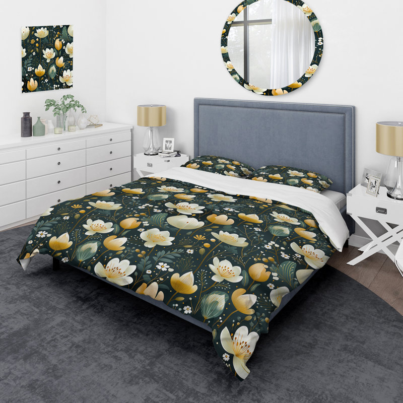Ensemble de housse de couette Serene Green Garden Blooms - Floral, Housse de couette pour grand lit et 2 taies décor