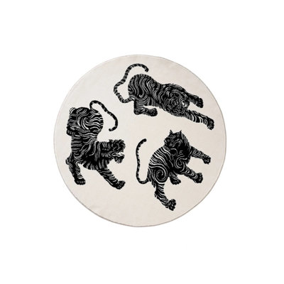 White Three Tiger Figured Woven Base Round Carpet