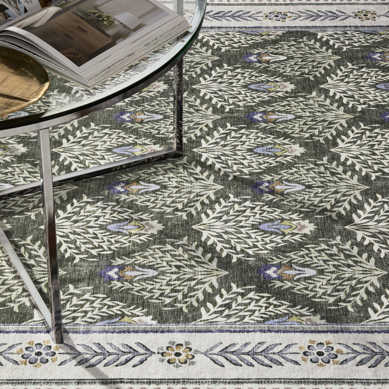 EVERWASH Haven Geo Border Machine Washable Area Rug with AirFlo Technology, Brown, 2'6"x7', 2 x 7, Olive Green/Brown