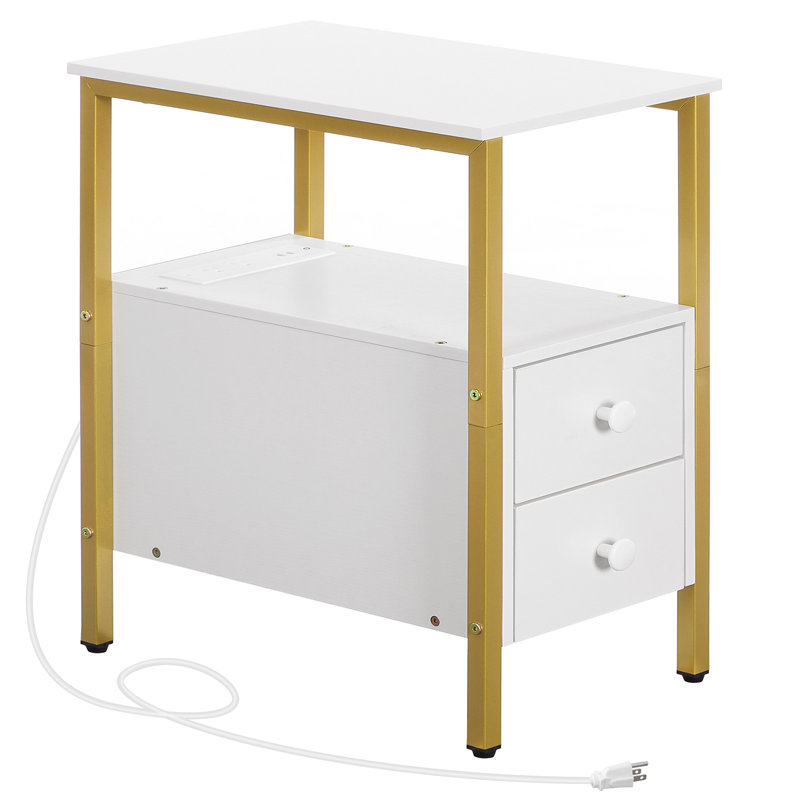 Table de bout à 2 tiroirs avec prises intégrées Artimon, 1, Blanc
