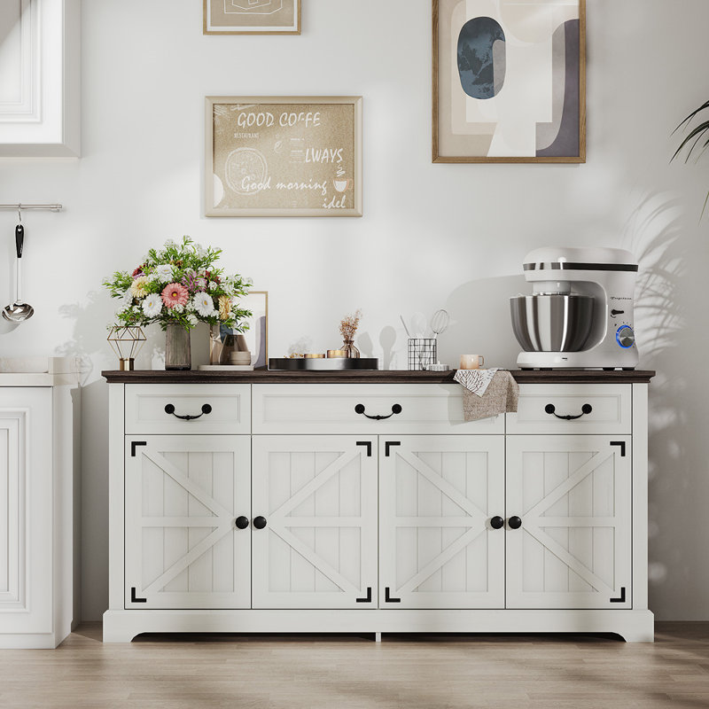 Farmhouse Sideboard Buffet Cabinet With Storage, 65'' Large Kitchen Storage Cabinet With Barn Doors Drawers, Wood Coffee Bar Table For Dining Room Living Room