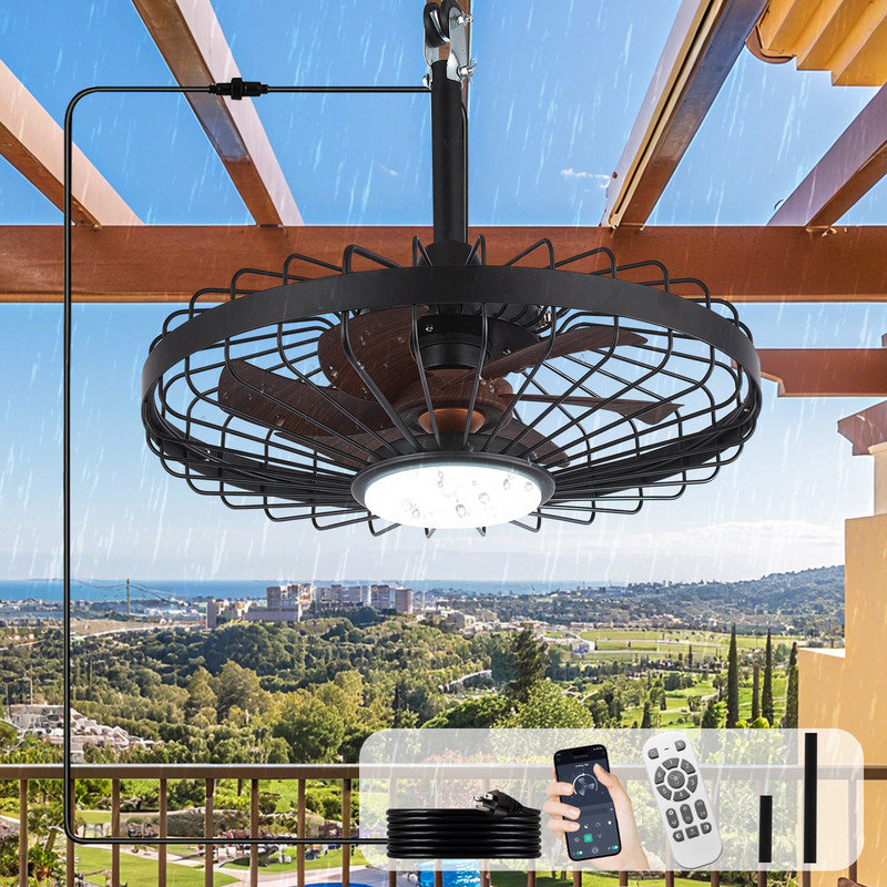 20 Inch Waterproof  Outdoor Ceiling Fans with Lights, Plug in Gazebo Fan with Remote App Control, Caged Fans for Patios Pergola Porch Canopy, 6 Speed Black and Walnut