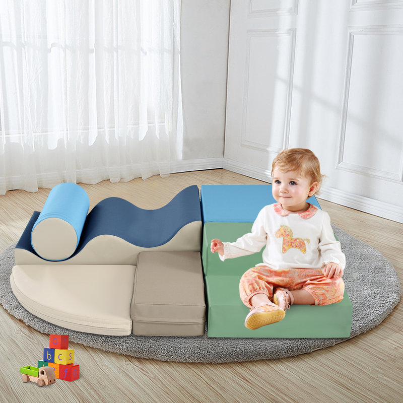 Ensemble de jeu en mousse souple 6 en 1 pour enfants rampant et escaladant, Bleu / brun / vert / beige