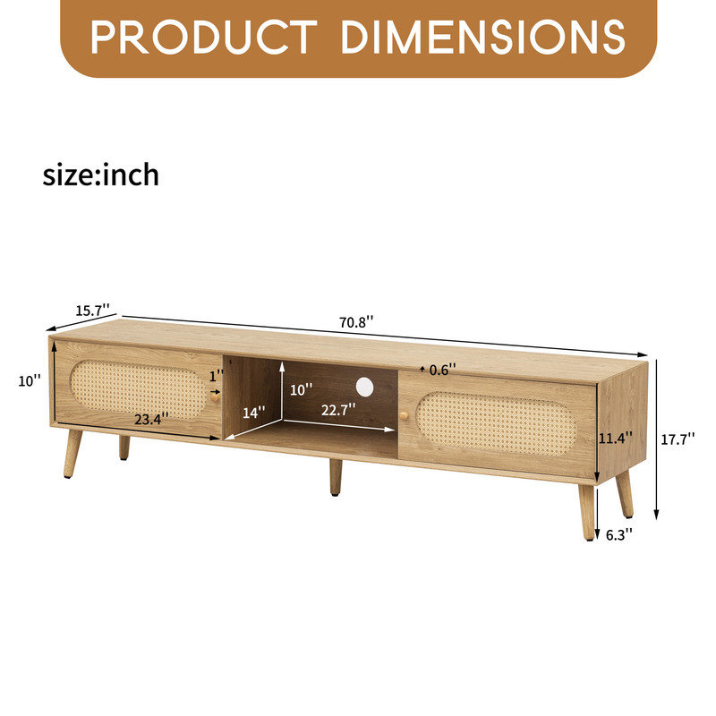 Boho Farmhouse TV Stand For Up To 80 Inch Tvs, Media Console With Rattan Doors & Solid Wood Legs, Entertainment Center For Living Room & Home Theater