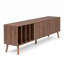 Meuble télé 70 po Mid-Century, console multimédia pour téléviseurs de 75 po ou moins, centre de divertissement avec 5 pieds en bois massif, structure hybride robuste et durable, grand espace de rangement multizone