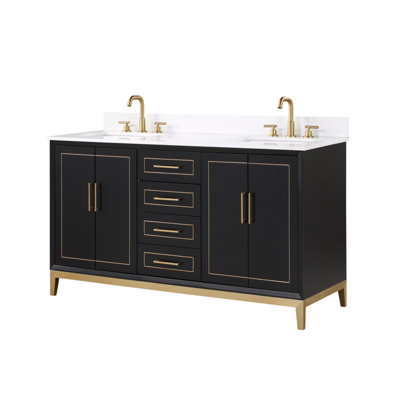 Gracie 60'' Double Bathroom Vanity with Top, Midnight Black, White Quartz
