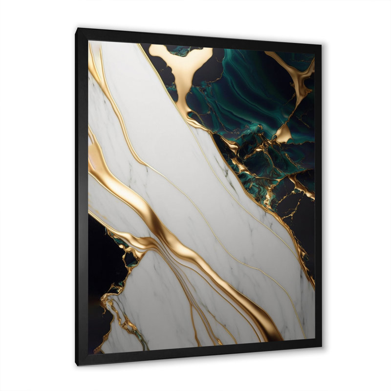 Géode abstraite or et marbre vert II - art mural abstrait grand marbre, H 32 po x l 16 po, Toile avec cadre photo, Black
