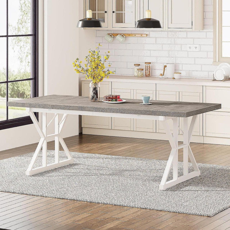 71" Farmhouse Dining Table For 6, Rustic Rectangular Kitchen Table With X-Trestle Metal Legs, Wood Top Dinner Table For Dining Room, Grey & White